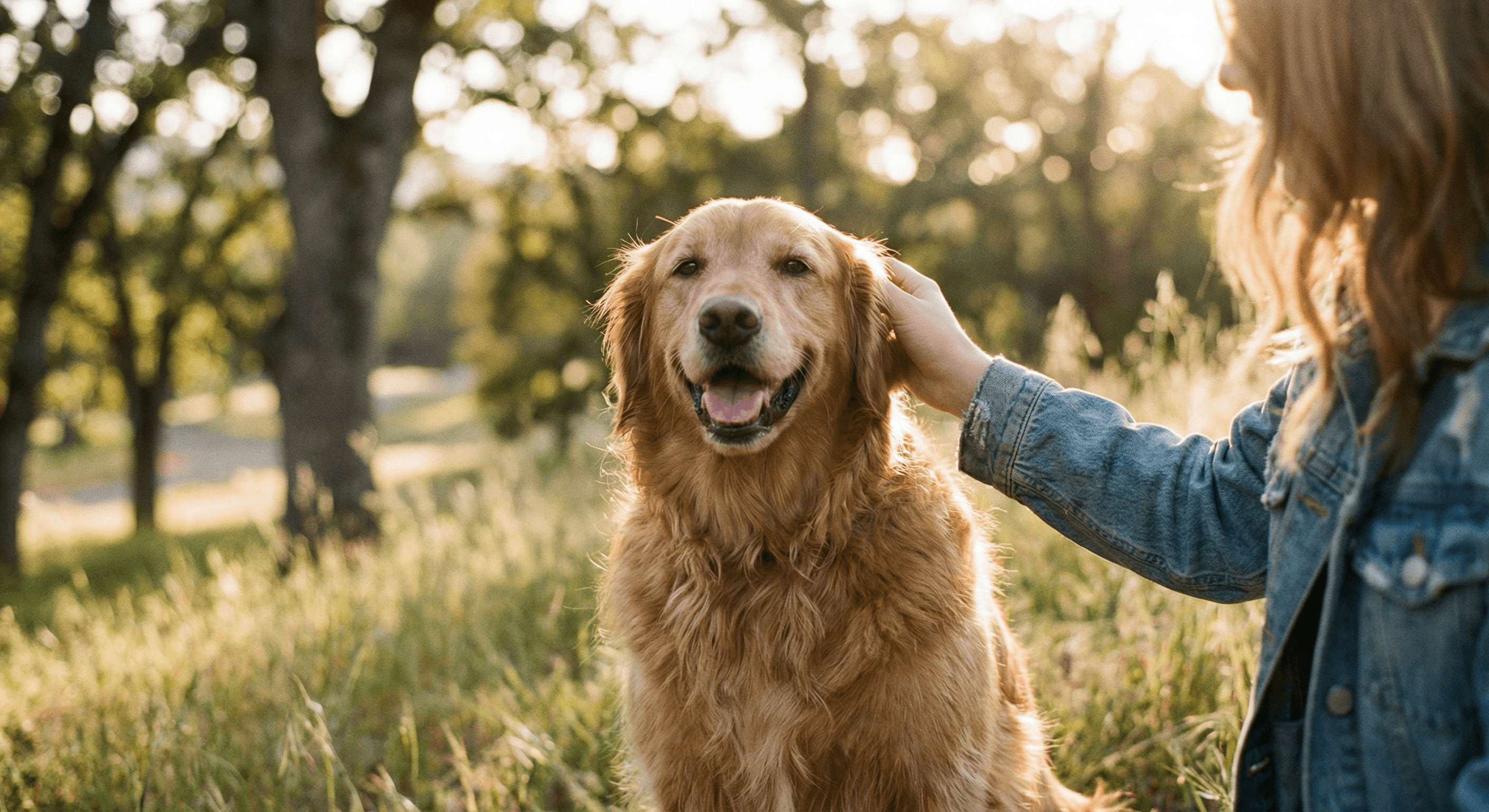 Happy golden retriever with loving owner in golden hour sunlight